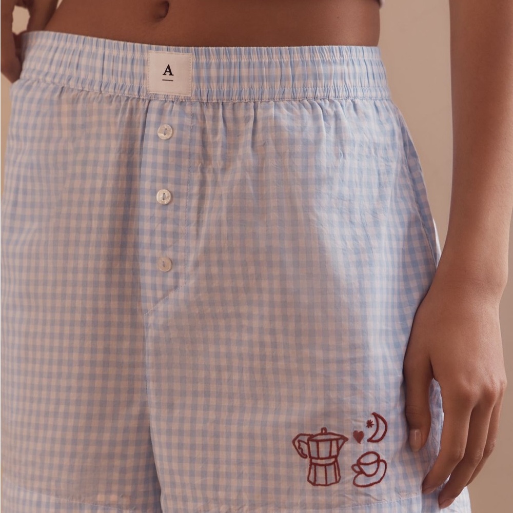 Blue Gingham Pajama Shorts with Embroidery